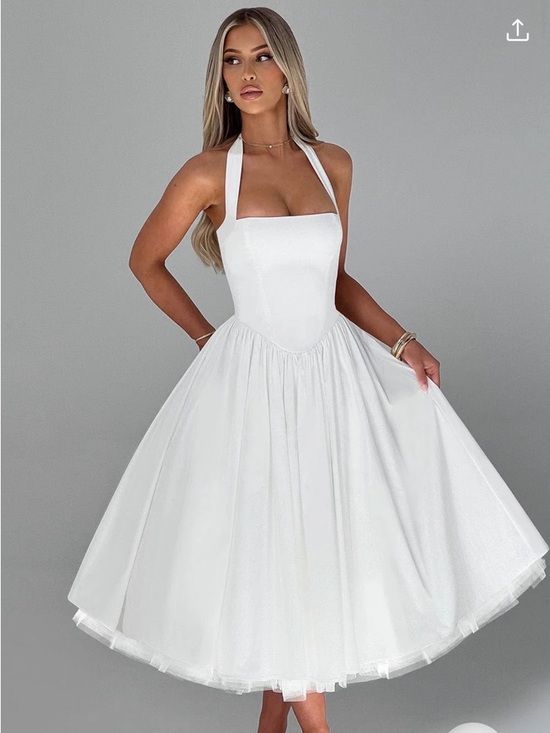 Babyboo Fashion Dresses & Skirts - White Halter Midi Dress with Full Skirt